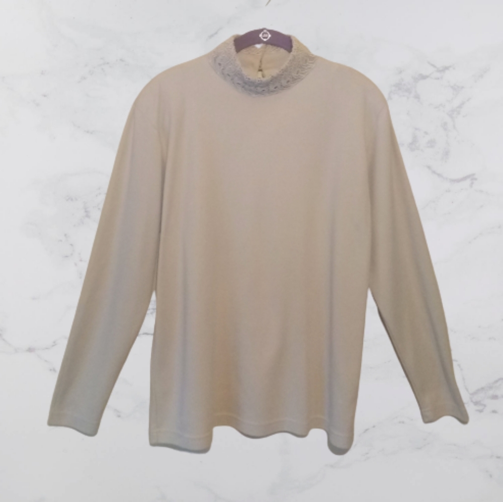 Vintage Adolfo Top Beige 90s Turtle Neck Crochet Trim Pearl Buttons Large
